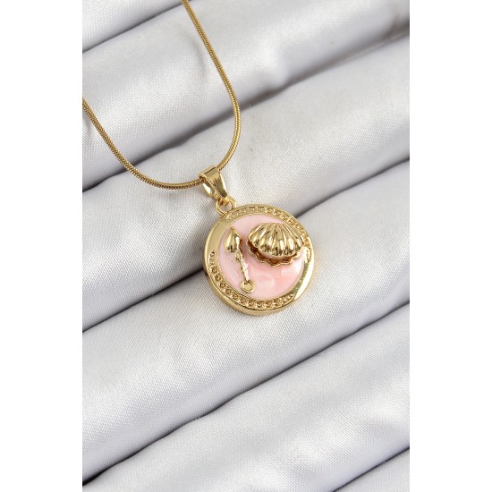 316L Çelik Zincir Pembe Mineli Sanatsal Portre İstiridye Model Gold Renk Kadın Kolye - TJ-BKO10268