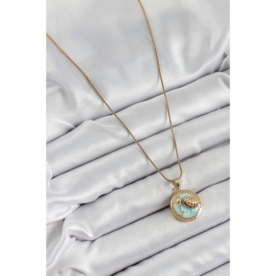 316L Çelik Zincir Turkuaz Mineli Sanatsal Portre İstiridye Model Gold Renk Kadın Kolye - TJ-BKO10269