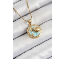 316L Çelik Zincir Turkuaz Mineli Sanatsal Portre İstiridye Model Gold Renk Kadın Kolye - TJ-BKO10269