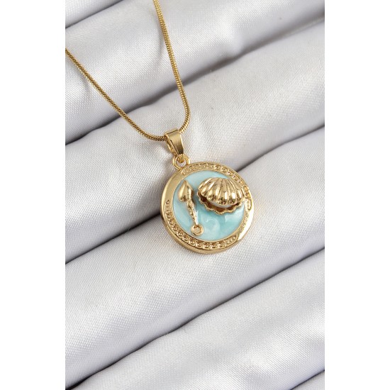 316L Çelik Zincir Turkuaz Mineli Sanatsal Portre İstiridye Model Gold Renk Kadın Kolye - TJ-BKO10269
