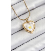 316L Çelik Zincir Beyaz Sanatsal Portre İnci Detaylı Papatya Figürlü Kalp Model Gold Renk Kadın Kolye - TJ-BKO10270