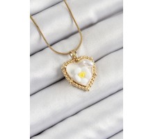 316L Çelik Zincir Beyaz Sanatsal Portre İnci Detaylı Papatya Figürlü Kalp Model Gold Renk Kadın Kolye - TJ-BKO10270