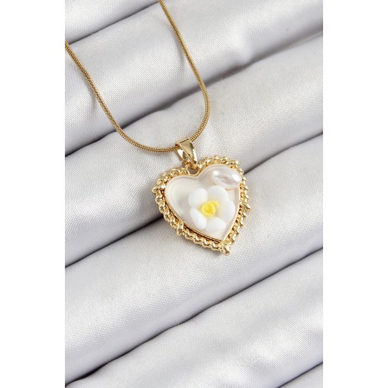 316L Çelik Zincir Beyaz Sanatsal Portre İnci Detaylı Papatya Figürlü Kalp Model Gold Renk Kadın Kolye - TJ-BKO10270