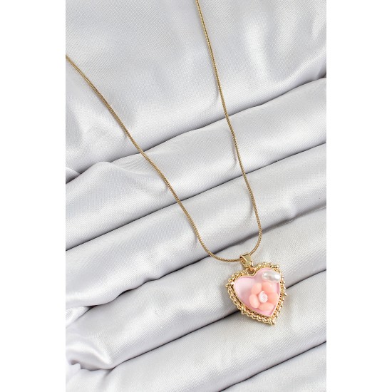 316L Çelik Zincir Pembe Sanatsal Portre İnci Detaylı Papatya Figürlü Kalp Model Gold Renk Kadın Kolye - TJ-BKO10271