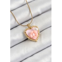 316L Çelik Zincir Pembe Sanatsal Portre İnci Detaylı Papatya Figürlü Kalp Model Gold Renk Kadın Kolye TJ-BKO10271