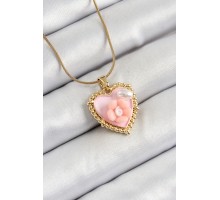 316L Çelik Zincir Pembe Sanatsal Portre İnci Detaylı Papatya Figürlü Kalp Model Gold Renk Kadın Kolye - TJ-BKO10271