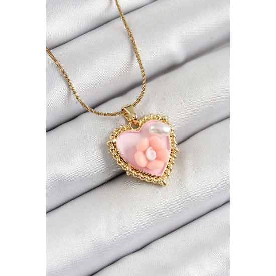 316L Çelik Zincir Pembe Sanatsal Portre İnci Detaylı Papatya Figürlü Kalp Model Gold Renk Kadın Kolye - TJ-BKO10271