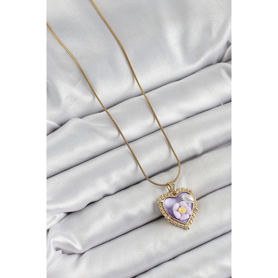 316L Çelik Zincir Mor Sanatsal Portre İnci Detaylı Papatya Figürlü Kalp Model Gold Renk Kadın Kolye - TJ-BKO10272