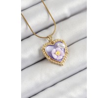 316L Çelik Zincir Mor Sanatsal Portre İnci Detaylı Papatya Figürlü Kalp Model Gold Renk Kadın Kolye - TJ-BKO10272