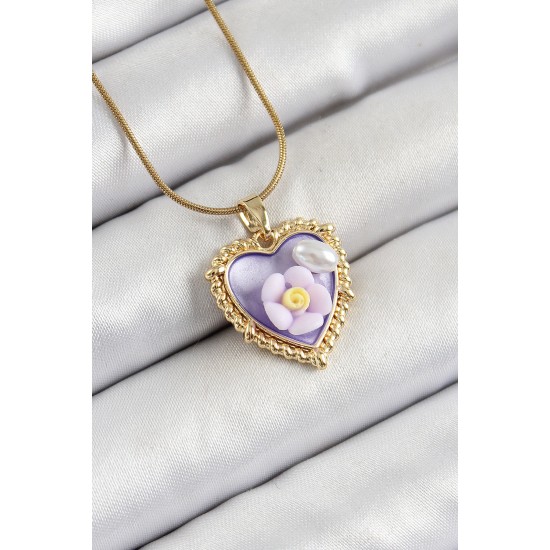 316L Çelik Zincir Mor Sanatsal Portre İnci Detaylı Papatya Figürlü Kalp Model Gold Renk Kadın Kolye - TJ-BKO10272