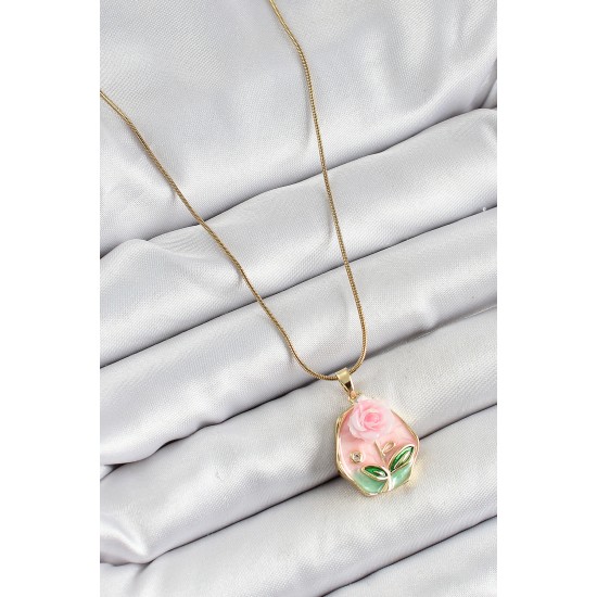 316L Çelik Zincir Zirkon Taşlı Pembe Sanatsal Portre Gül Figürlü Beşgen Model Gold Renk Kadın Kolye - TJ-BKO10273