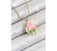 316L Çelik Zincir Zirkon Taşlı Pembe Sanatsal Portre Gül Figürlü Beşgen Model Gold Renk Kadın Kolye - TJ-BKO10273