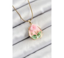 316L Çelik Zincir Zirkon Taşlı Pembe Sanatsal Portre Gül Figürlü Beşgen Model Gold Renk Kadın Kolye - TJ-BKO10273