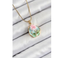 316L Çelik Zincir Zirkon Taşlı Pembe ve Yeşil Sanatsal Portre Gül Figürlü Beşgen Model Gold Renk Kadın Kolye - TJ-BKO10274