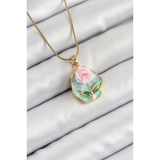 316L Çelik Zincir Zirkon Taşlı Pembe ve Yeşil Sanatsal Portre Gül Figürlü Beşgen Model Gold Renk Kadın Kolye - TJ-BKO10274