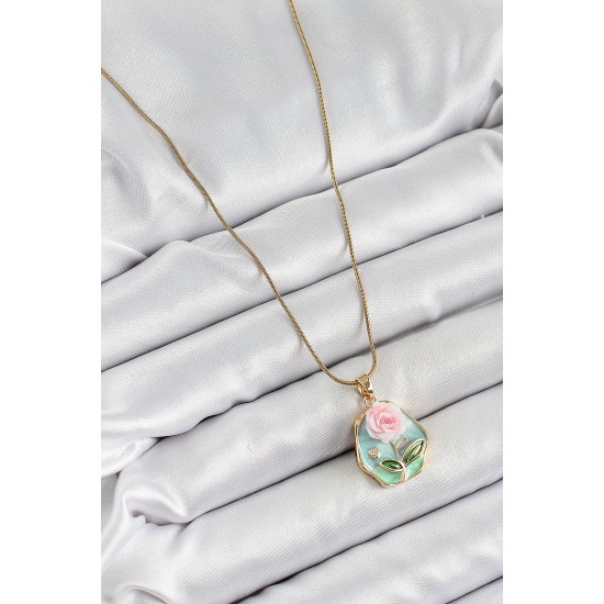 316L Çelik Zincir Zirkon Taşlı Pembe ve Yeşil Sanatsal Portre Gül Figürlü Beşgen Model Gold Renk Kadın Kolye - TJ-BKO10274