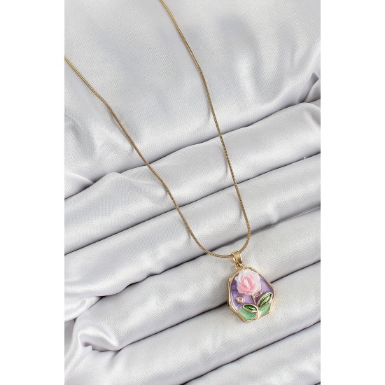 316L Çelik Zincir Zirkon Taşlı Pembe Ve Mor Sanatsal Portre Gül Figürlü Beşgen Model Gold Renk Kadın Kolye - TJ-BKO10275