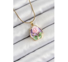 316L Çelik Zincir Zirkon Taşlı Pembe Ve Mor Sanatsal Portre Gül Figürlü Beşgen Model Gold Renk Kadın Kolye - TJ-BKO10275