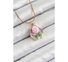 316L Çelik Zincir Zirkon Taşlı Pembe Ve Mor Sanatsal Portre Gül Figürlü Beşgen Model Gold Renk Kadın Kolye - TJ-BKO10275