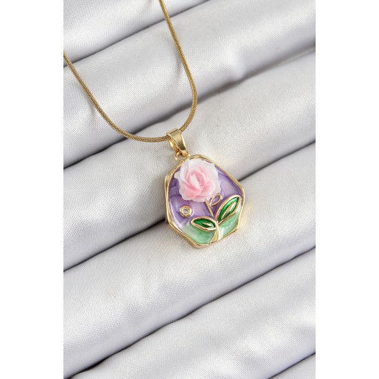 316L Çelik Zincir Zirkon Taşlı Pembe Ve Mor Sanatsal Portre Gül Figürlü Beşgen Model Gold Renk Kadın Kolye - TJ-BKO10275