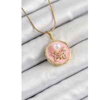 316L Çelik Zincir Zirkon Taşlı Pembe Sanatsal Portre İnci Detaylı Kelebek Model Gold Renk Kadın Kolye - TJ-BKO10276