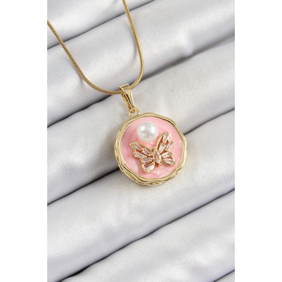 316L Çelik Zincir Zirkon Taşlı Pembe Sanatsal Portre İnci Detaylı Kelebek Model Gold Renk Kadın Kolye - TJ-BKO10276