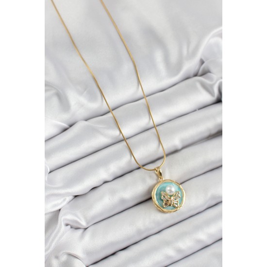 316L Çelik Zincir Zirkon Taşlı Turkuaz Sanatsal Portre İnci Detaylı Kelebek Model Gold Renk Kadın Kolye - TJ-BKO10277