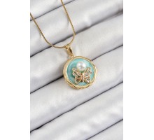 316L Çelik Zincir Zirkon Taşlı Turkuaz Sanatsal Portre İnci Detaylı Kelebek Model Gold Renk Kadın Kolye - TJ-BKO10277