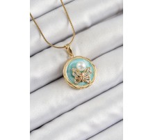 316L Çelik Zincir Zirkon Taşlı Turkuaz Sanatsal Portre İnci Detaylı Kelebek Model Gold Renk Kadın Kolye - TJ-BKO10277
