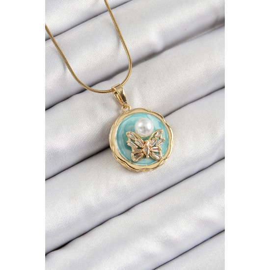 316L Çelik Zincir Zirkon Taşlı Turkuaz Sanatsal Portre İnci Detaylı Kelebek Model Gold Renk Kadın Kolye - TJ-BKO10277