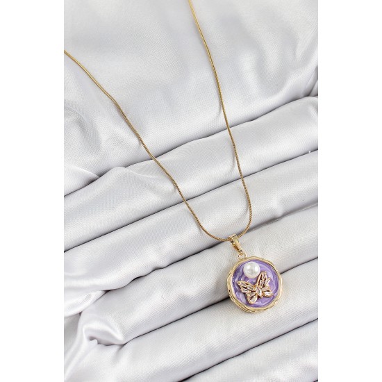 316L Çelik Zincir Zirkon Taşlı Mor Sanatsal Portre İnci Detaylı Kelebek Model Gold Renk Kadın Kolye - TJ-BKO10278