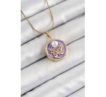 316L Çelik Zincir Zirkon Taşlı Mor Sanatsal Portre İnci Detaylı Kelebek Model Gold Renk Kadın Kolye - TJ-BKO10278
