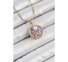 316L Çelik Zincir Zirkon Taşlı Mor Sanatsal Portre İnci Detaylı Kelebek Model Gold Renk Kadın Kolye - TJ-BKO10278
