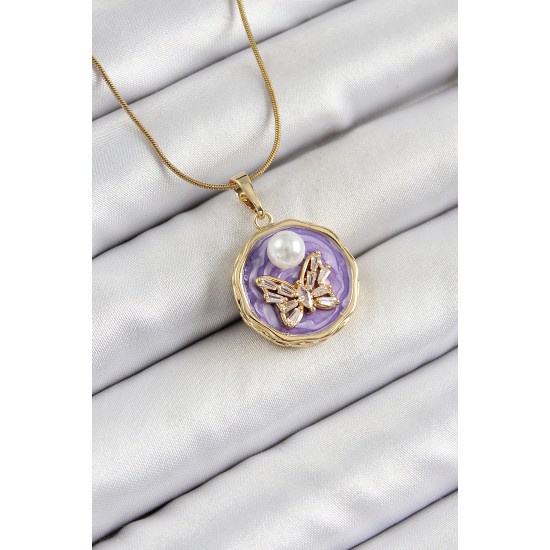316L Çelik Zincir Zirkon Taşlı Mor Sanatsal Portre İnci Detaylı Kelebek Model Gold Renk Kadın Kolye - TJ-BKO10278