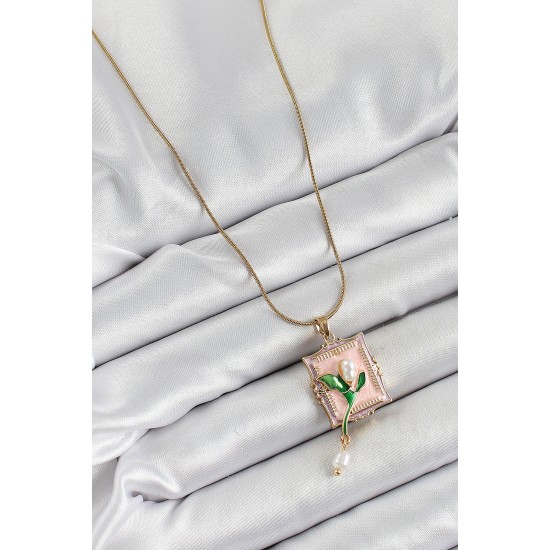 316L Çelik Zincir Pembe Sanatsal Portre Sallantılı İnci Detaylı Lale Model Gold Renk Kadın Kolye - TJ-BKO10279