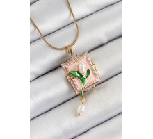 316L Çelik Zincir Pembe Sanatsal Portre Sallantılı İnci Detaylı Lale Model Gold Renk Kadın Kolye - TJ-BKO10279