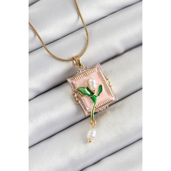 316L Çelik Zincir Pembe Sanatsal Portre Sallantılı İnci Detaylı Lale Model Gold Renk Kadın Kolye - TJ-BKO10279