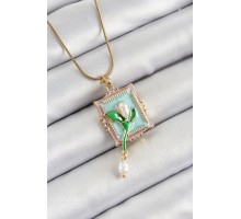 316L Çelik Zincir Turkuaz Sanatsal Portre Sallantılı İnci Detaylı Lale Model Gold Renk Kadın Kolye - TJ-BKO10280