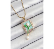 316L Çelik Zincir Turkuaz Sanatsal Portre Sallantılı İnci Detaylı Lale Model Gold Renk Kadın Kolye - TJ-BKO10280