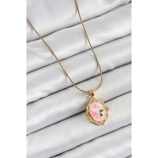 316L Çelik Zincir Pembe Sanatsal Portre İnci Detaylı Gül Figürlü Model Gold Renk Kadın Kolye - TJ-BKO10281