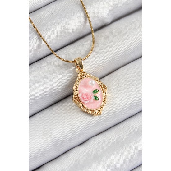 316L Çelik Zincir Pembe Sanatsal Portre İnci Detaylı Gül Figürlü Model Gold Renk Kadın Kolye - TJ-BKO10281