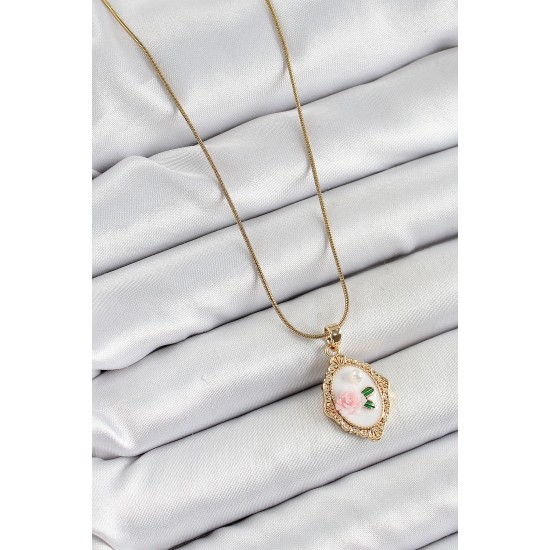 316L Çelik Zincir Beyaz Sanatsal Portre İnci Detaylı Gül Figürlü Model Gold Renk Kadın Kolye - TJ-BKO10282