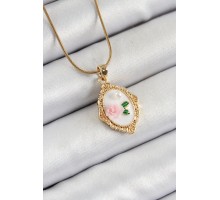 316L Çelik Zincir Beyaz Sanatsal Portre İnci Detaylı Gül Figürlü Model Gold Renk Kadın Kolye - TJ-BKO10282