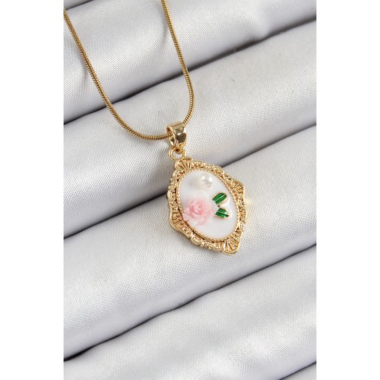 316L Çelik Zincir Beyaz Sanatsal Portre İnci Detaylı Gül Figürlü Model Gold Renk Kadın Kolye - TJ-BKO10282