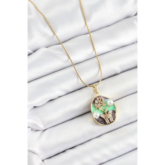 316L Çelik Zincir Zirkon Taşlı Yeşil Mor Sanatsal Portre İnci Detaylı Ağaç Ve Kelebek Figürlü Model Gold Renk Kadın Kolye - TJ-BKO10283