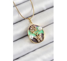 316L Çelik Zincir Zirkon Taşlı Yeşil Mor Sanatsal Portre İnci Detaylı Ağaç Ve Kelebek Figürlü Model Gold Renk Kadın Kolye - TJ-BKO10283