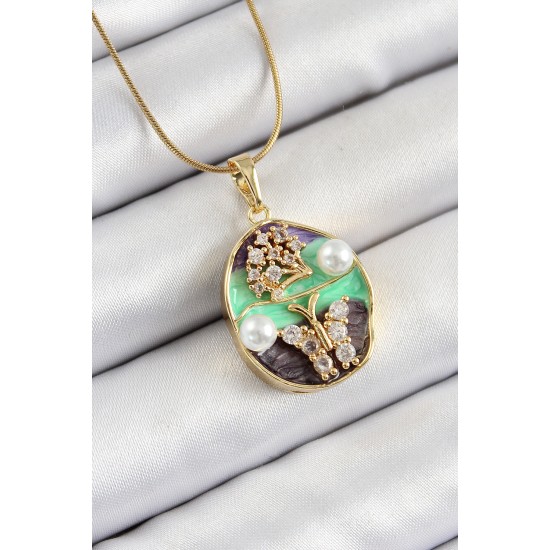 316L Çelik Zincir Zirkon Taşlı Yeşil Mor Sanatsal Portre İnci Detaylı Ağaç Ve Kelebek Figürlü Model Gold Renk Kadın Kolye - TJ-BKO10283