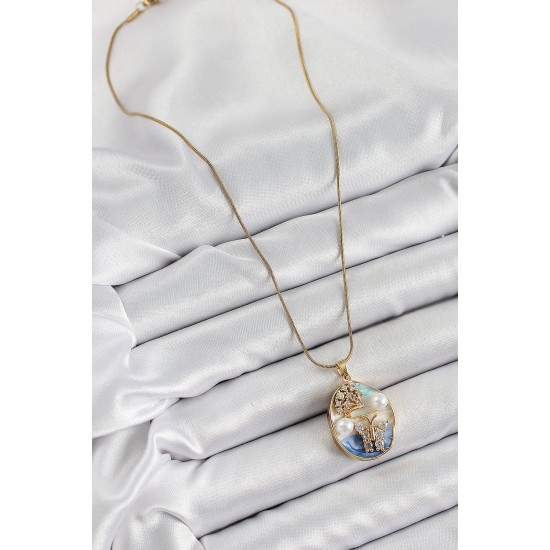 316L Çelik Zincir Zirkon Taşlı Mavi Beyaz Sanatsal Portre İnci Detaylı Ağaç Ve Kelebek Figürlü Model Gold Renk Kadın Kolye - TJ-BKO10284