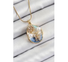 316L Çelik Zincir Zirkon Taşlı Mavi Beyaz Sanatsal Portre İnci Detaylı Ağaç Ve Kelebek Figürlü Model Gold Renk Kadın Kolye - TJ-BKO10284