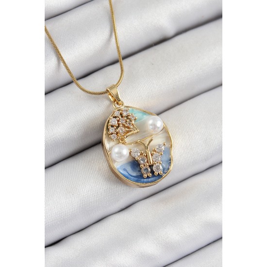 316L Çelik Zincir Zirkon Taşlı Mavi Beyaz Sanatsal Portre İnci Detaylı Ağaç Ve Kelebek Figürlü Model Gold Renk Kadın Kolye - TJ-BKO10284